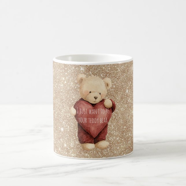 Teddy Bear Red Heart Gold Glitter Coffee Mug (Center)