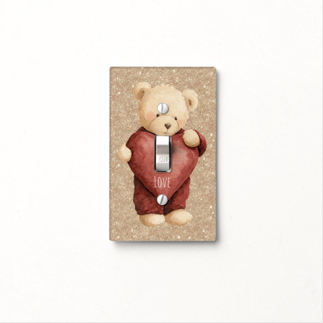 Teddy Bear Red Heart Gold Glitter Light Switch Cover (In Situ)