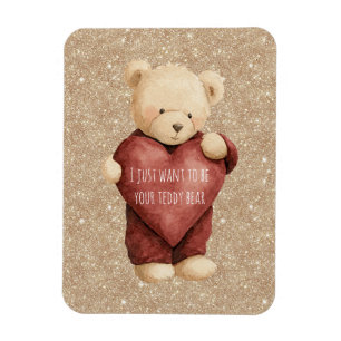 Teddy Bear Red Heart Gold Glitter Magnet
