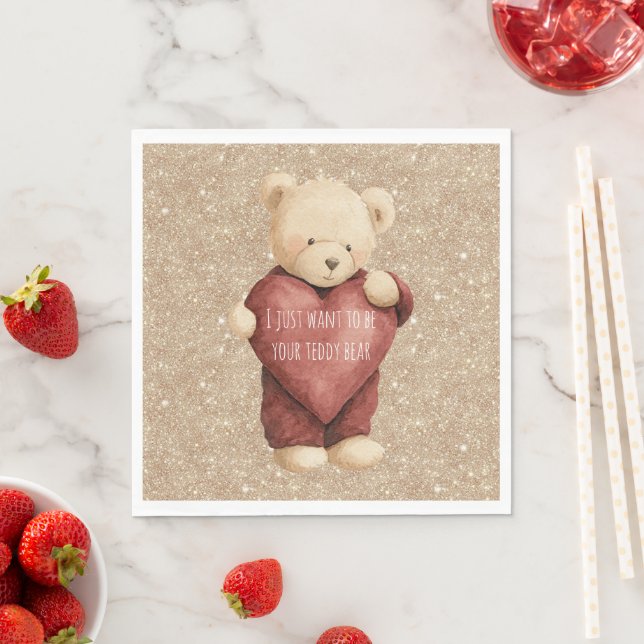 Teddy Bear Red Heart Gold Glitter Napkins (Insitu)