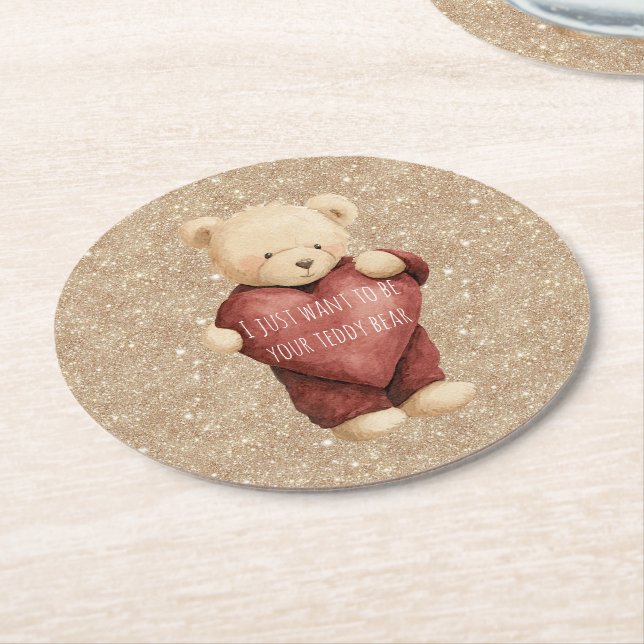 Teddy Bear Red Heart Gold Glitter Round Paper Coaster (Angled)