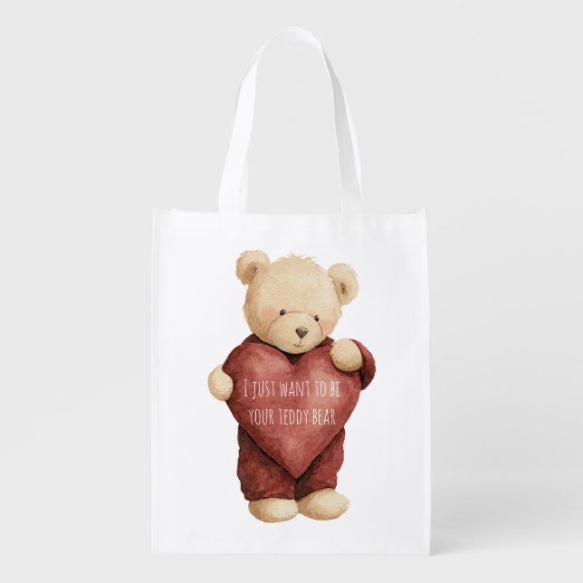 Teddy Bear Red Heart Grocery Bag (Front)