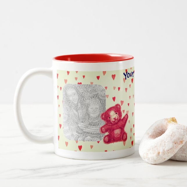 Teddy Bear Red Hearts Personalized Photo Two-Tone Coffee Mug (With Donut)