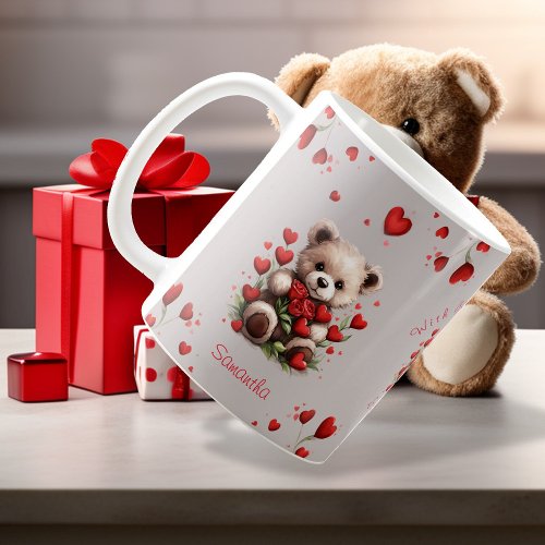 Teddy Bear Red Hearts Roses Valentines Coffee Mug