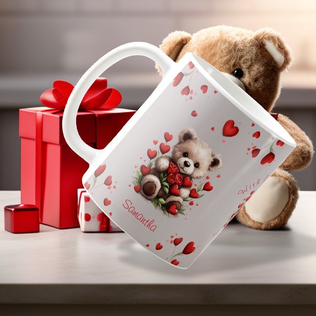 Teddy Bear Red Hearts Roses Valentines Coffee Mug (Creator Uploaded)