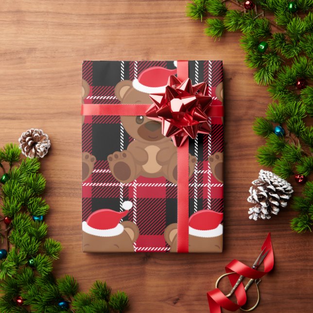 Teddy Bear Red Plaid Wrapping Paper (Holiday Gift)