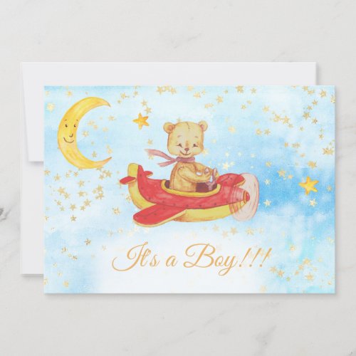 *~* Teddy Bear Red Plane Baby Stars Boy Shower Invitation