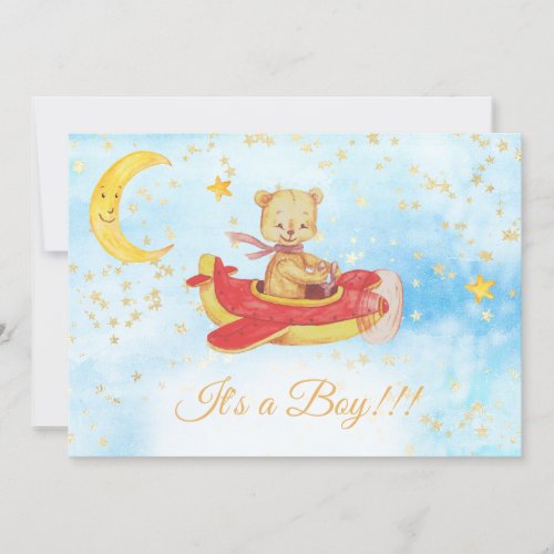  Teddy Bear Red Plane Baby Stars Boy Shower Invitation