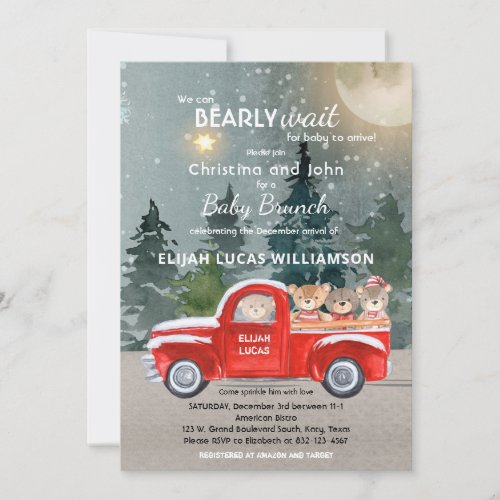 Teddy Bear Red Truck Winter Baby Shower Invitation
