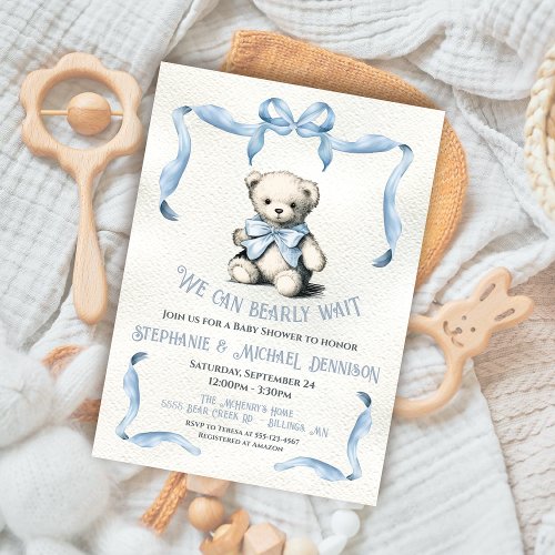 Teddy Bear Ribbon bow watercolor baby shower Invitation