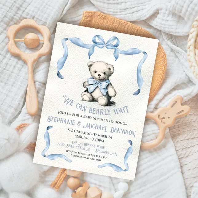 Teddy Bear Ribbon bow watercolor baby shower Invitation Zazzle