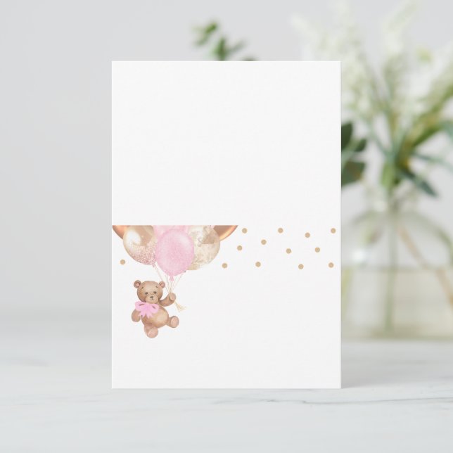 Teddy Bear Rose Gold Balloons Baby Shower Card (Standing Front)