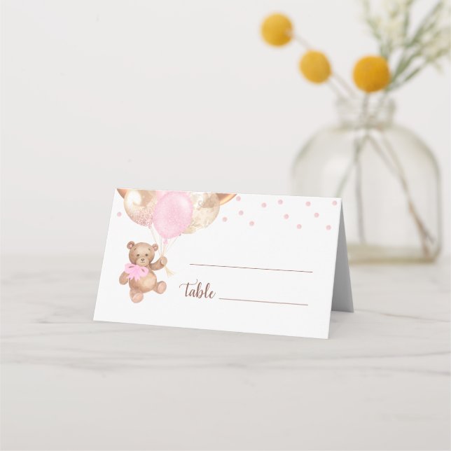 Teddy Bear Rose Gold Balloons Baby Shower  Place Card (Front)