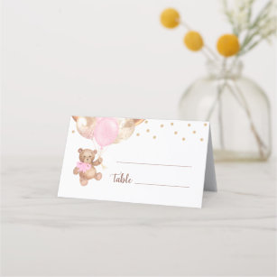 Teddy Bear Rose Gold Balloons Baby Shower Place Card