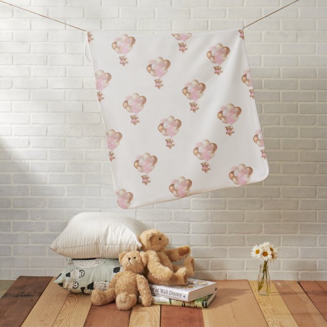 Teddy Bear Rose Gold Balloons Girl Fleece Blanket (In Situ)