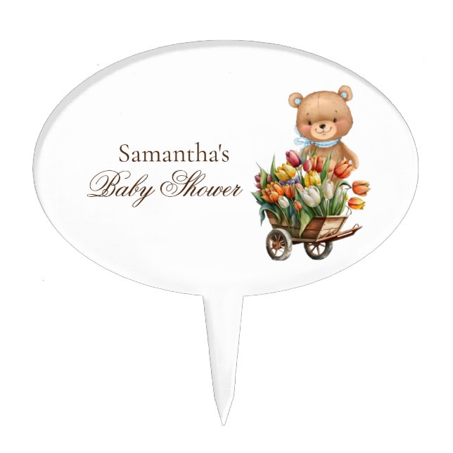 Teddy Bear Rustic Floral Baby Shower boy  Cake Topper (Front)