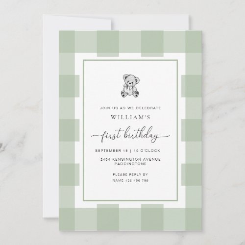 Teddy Bear Sage Gingham 1st Birthday Invitation