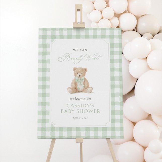 Teddy Bear Sage Gingham Baby Shower Welcome Sign (Creator Uploaded)