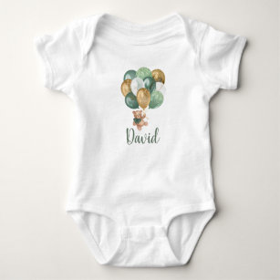 Teddy Bear Sage Green and Gold Balloons Baby Bodysuit