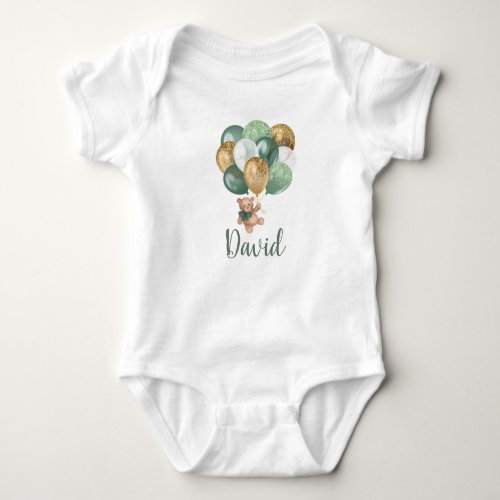 Teddy Bear Sage Green and Gold Balloons Baby Bodysuit