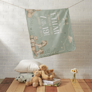 Teddy Bear Sage Green Baby Birth Stats Blanket