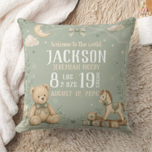 Teddy Bear Sage Green Baby Birth Stats Throw Pillow