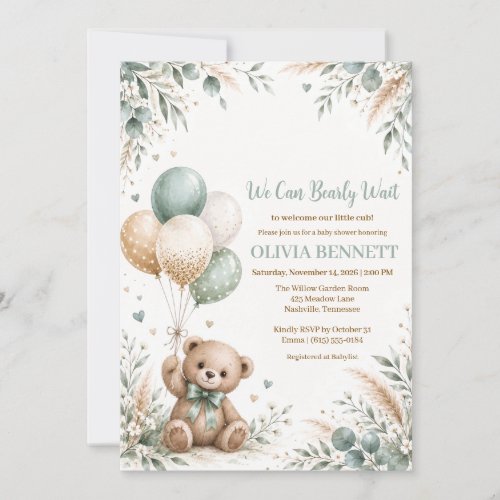 Teddy Bear Sage Green Baby Shower Invitation