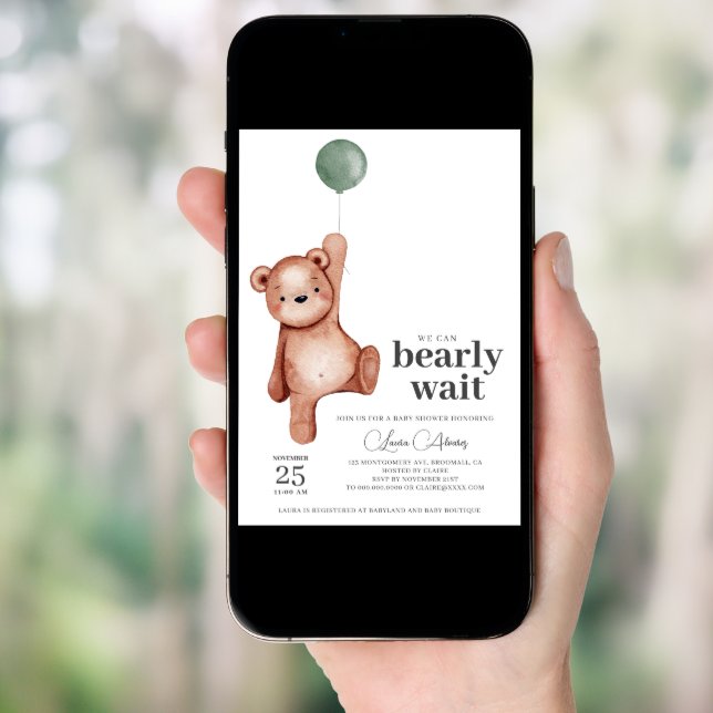 Teddy Bear Sage Green Baby Shower Invitation (Front Digital)