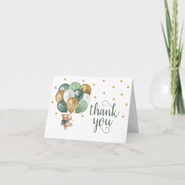 Teddy Bear Sage Green Baby Shower Thank You Card (Front)