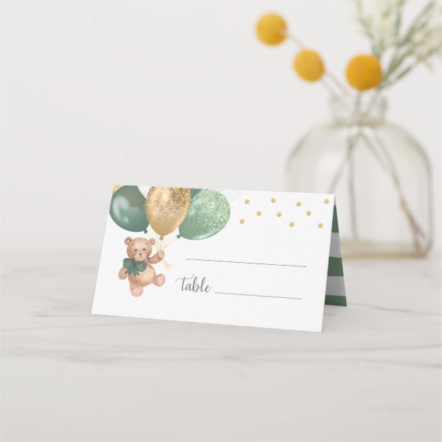 Teddy Bear Sage Green Balloons Baby Shower  Place Card (Front)