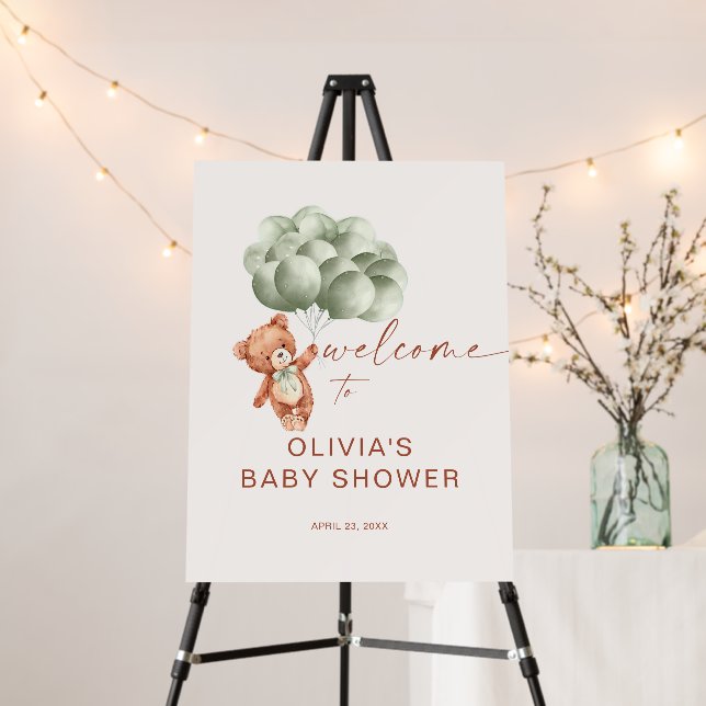 Teddy Bear Sage Green Balloons Baby Shower Welcome Foam Board (In Situ (Stand))