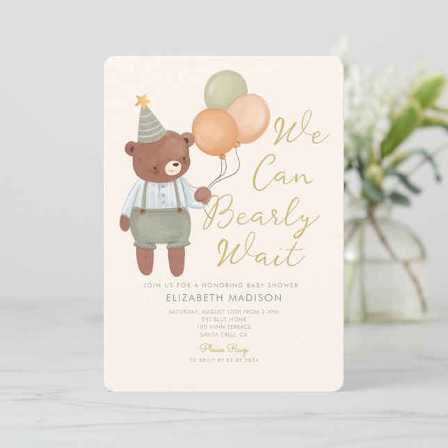 Teddy Bear Sage Green Bearly Wait Baby Shower Invitation (Creator Uploaded)