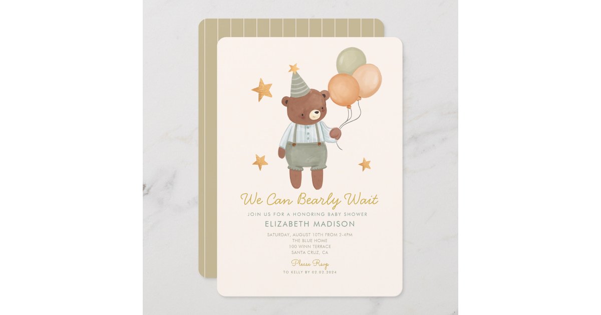Teddy Bear Sage Green Bearly Wait Baby Shower Invitation | Zazzle