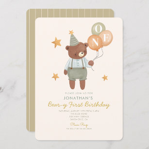 Teddy Bear Sage Green Beary First Birthday Invitation
