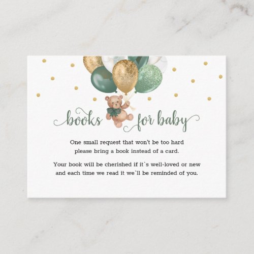 Teddy Bear Sage Green Books for Baby Shower Enclosure Card