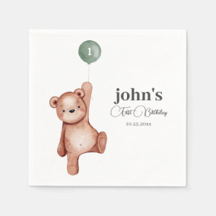 Teddy Bear Sage Green First Birthday Party Napkins
