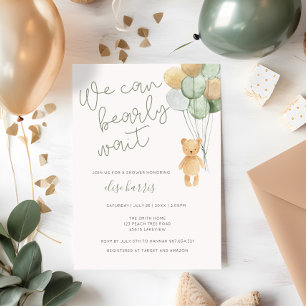 Teddy Bear Sage Green Tan Balloons Baby Shower Invitation