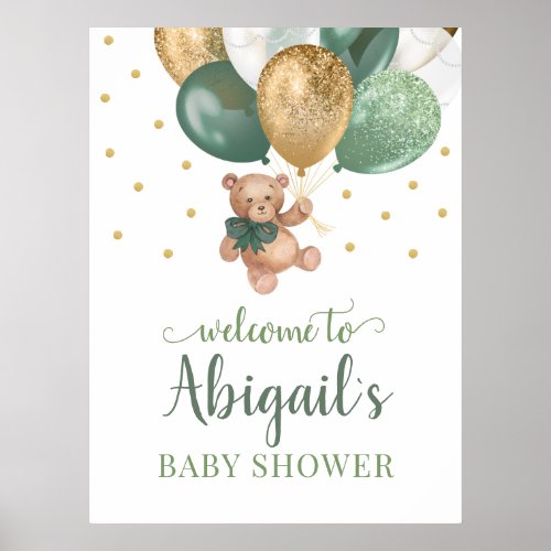 Teddy Bear Sage Green Welcome Baby Shower  Poster