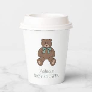 Teddy Bear Sage Green White with Name Baby Shower Paper Cups