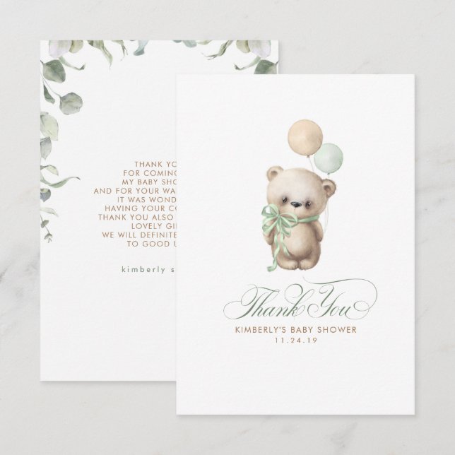 Teddy Bear Sage Greenery Baby Shower Thank You Card (Front/Back)