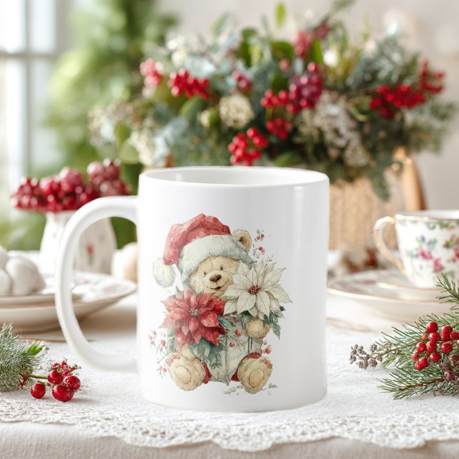 Teddy bear Santa Claus with Christmas flowers Coffee Mug (Creator Uploaded)