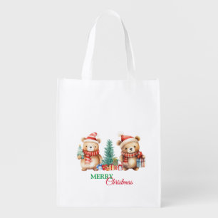 Teddy Bear Santa Red Green Merry Christmas Party Grocery Bag