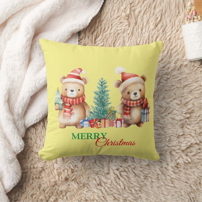 Teddy Bear Santa Red Green Merry Christmas Party  Throw Pillow (Blanket)