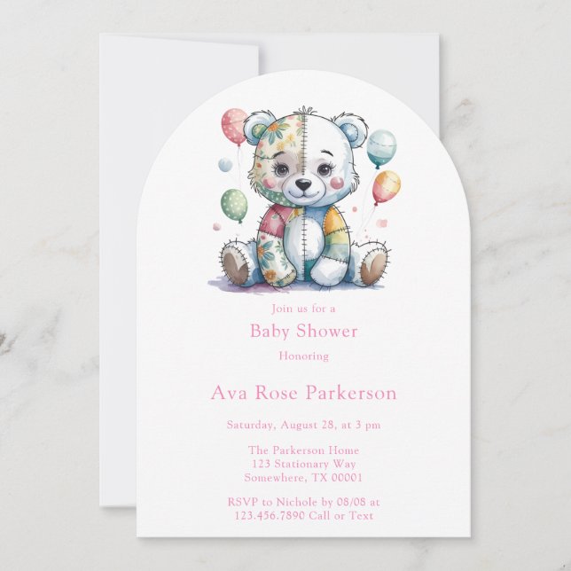 Teddy Bear Sewn Patchwork Girl Books For Baby Invitation (Front)