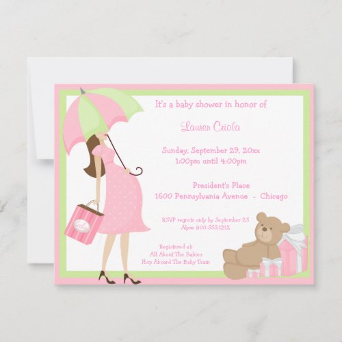 Teddy Bear Shoping And Pink Baby Shower Invitation