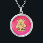 Teddy Bear Silver Plated Necklace<br><div class="desc">Adorable teddy bear graphic. This cute and lovable bear has hearts on the soles of his feet as well as on his chest where his real heart would be. His eyes look a little bit sad. Awwwww. Background is a swirling pink watercolor design.</div>