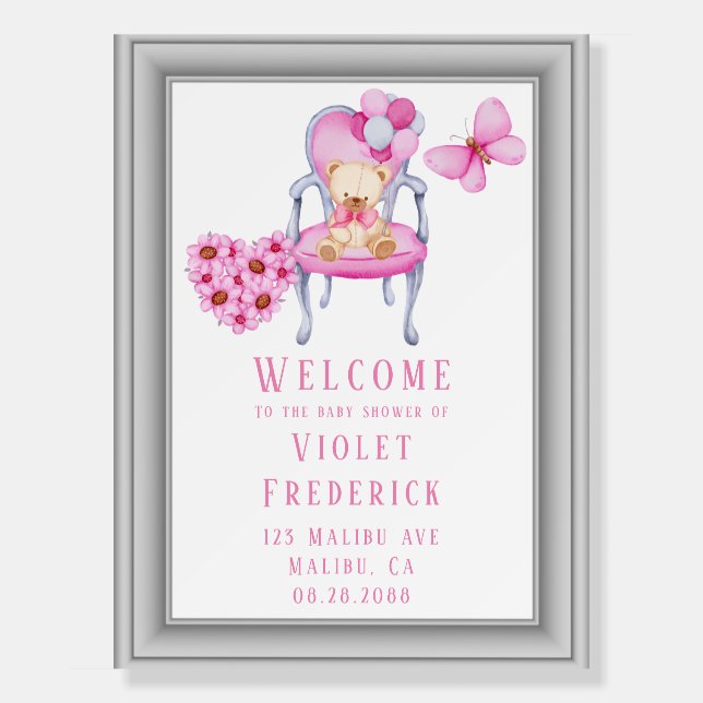 Teddy bear sitting on a chair Girl Baby Shower Foam Board (Front)