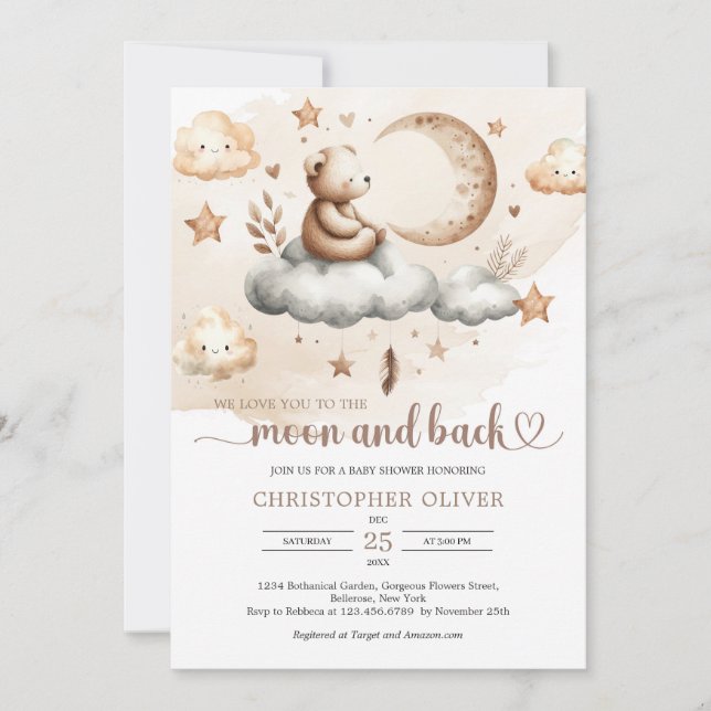 Teddy bear sitting on a cloud neutral colors invitation (Front)