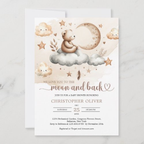 Teddy bear sitting on a cloud neutral colors invitation