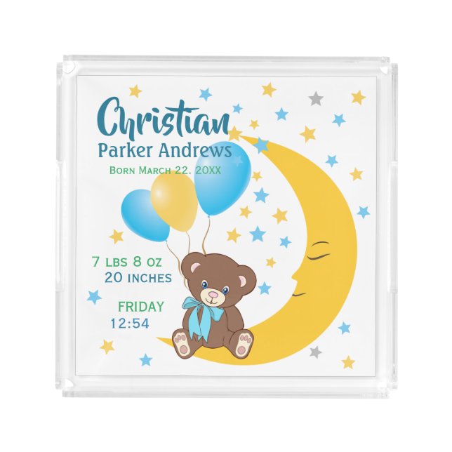 Teddy Bear Sitting on the Moon Baby Birth Stats Acrylic Tray (Front)